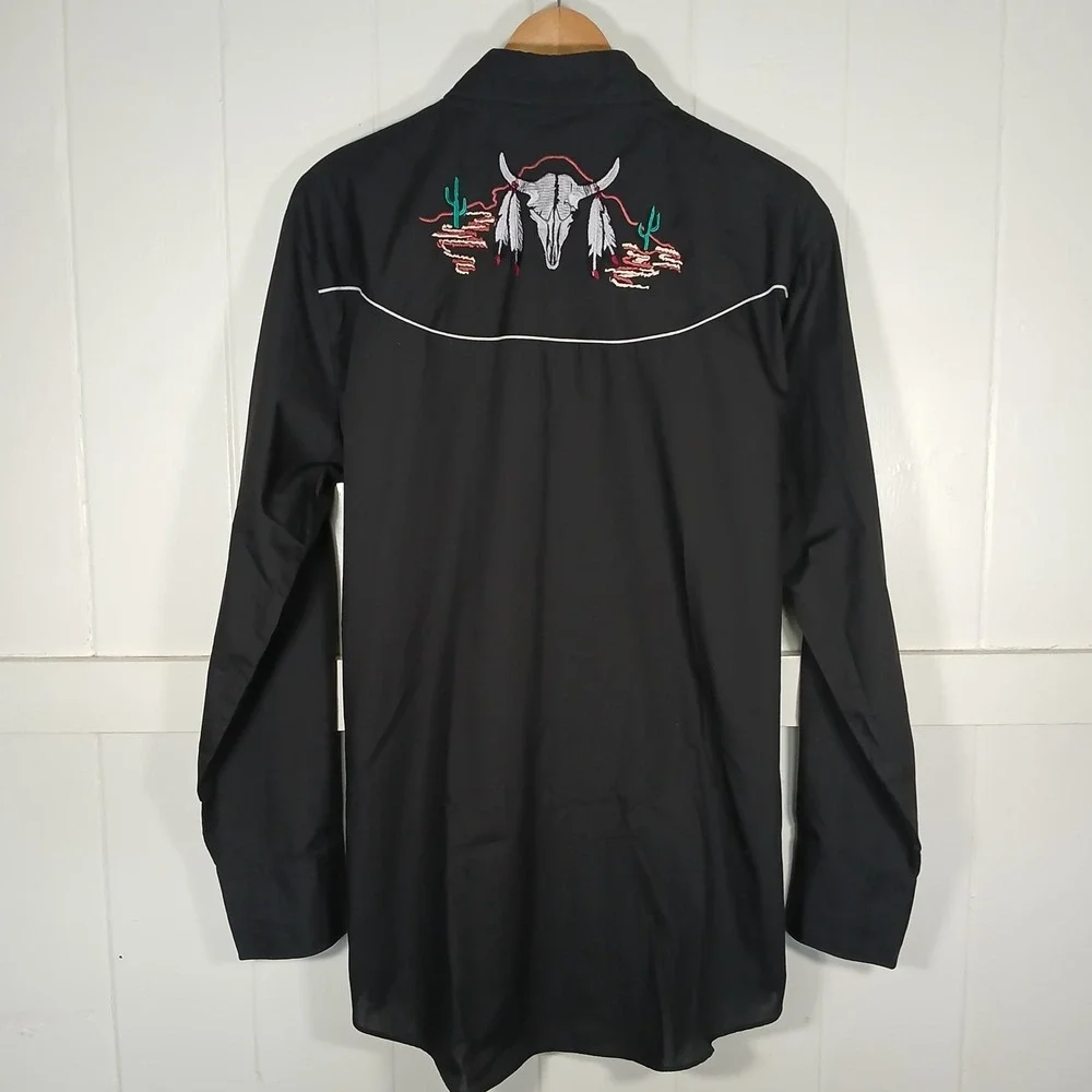 Ely Diamond Steer Skull Embroidered Pearl Snap Western Shirt Mens‎ Large Black